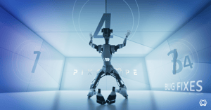 White robot kneeling in front of the logo Pixotope