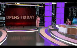 TV host standing in the virtual studio powered by virtual production platform Pixotope