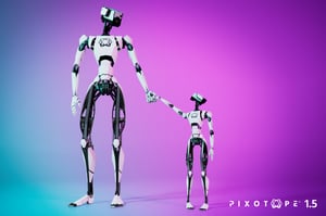 Two white humanoid robots holding hands of each other. 