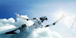 white robot with a company logo flying to the sun 