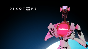 Pixotope Mascot Dot announcing that Pixotope just acquired a German company TrackMen, camera tracking specialist